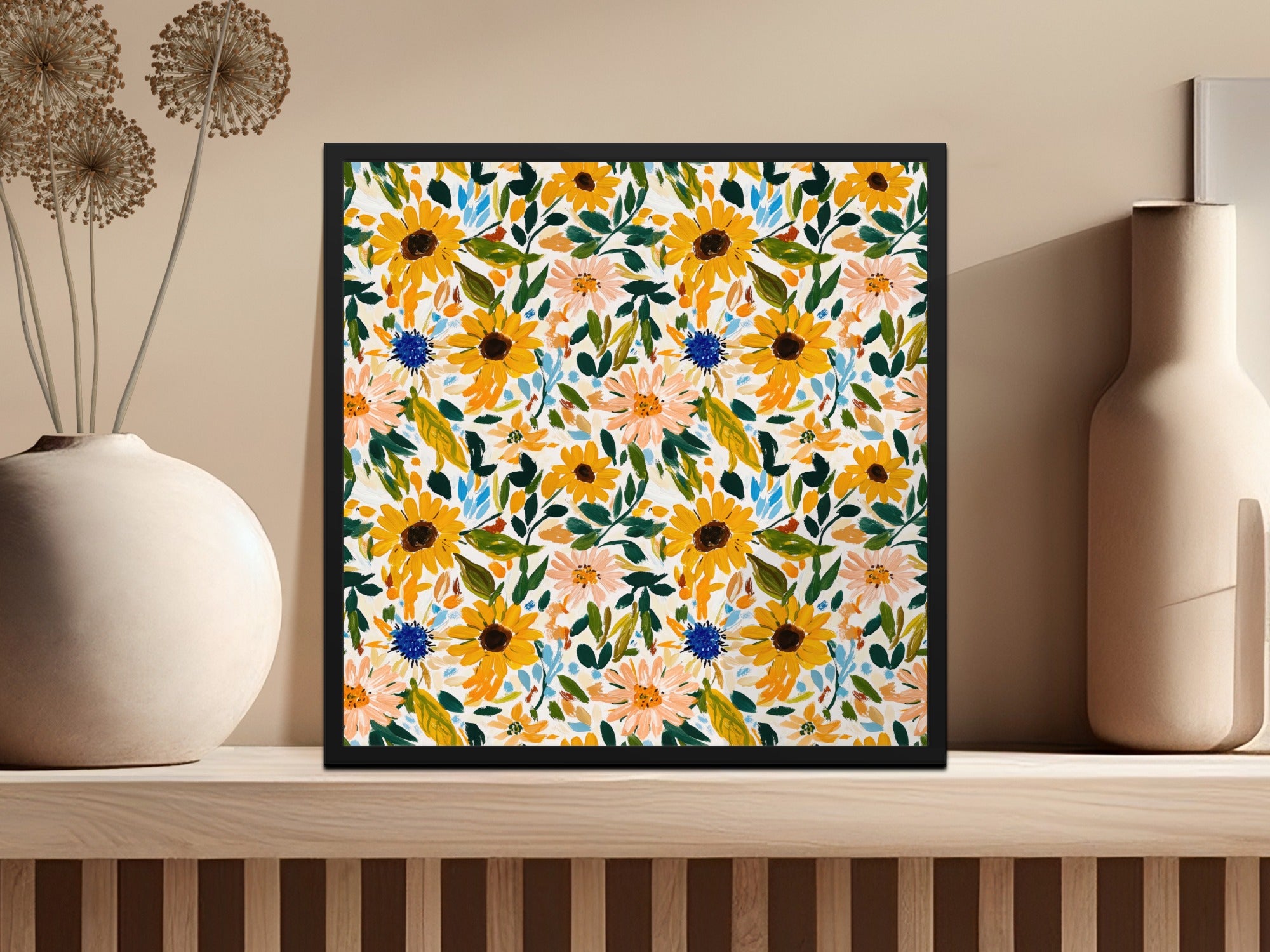 Yellow Blush Gouache Sunflowers Seamless Fall Floral Pattern