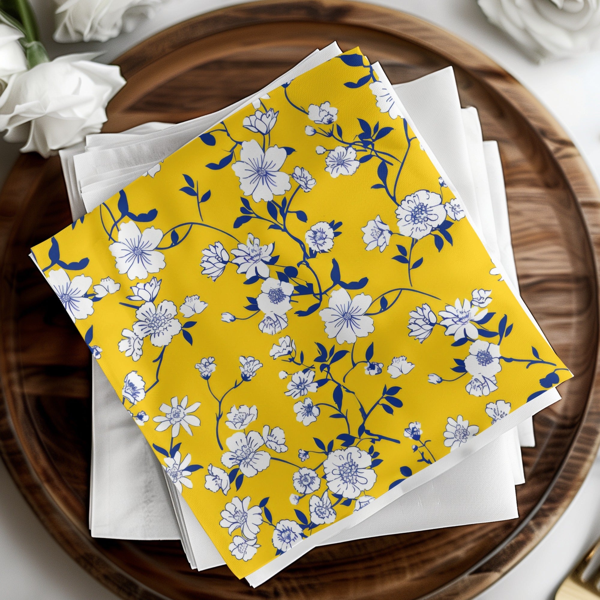 Yellow Floral Digital Paper, White Flowers, Blue Leaves Pattern, Spring, Summer, Floral Fabric Print, Seamless Pattern, Digital Download