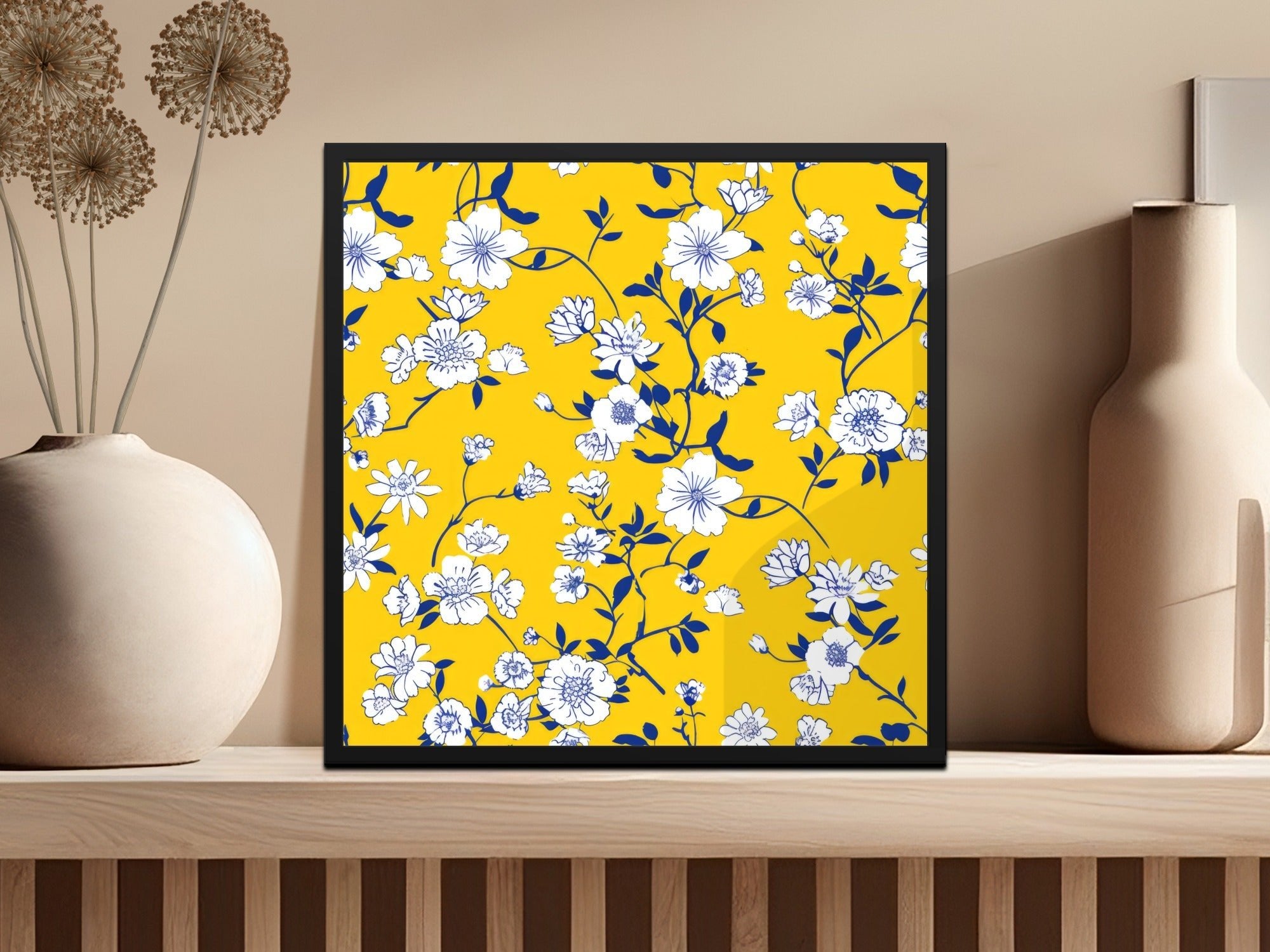Yellow Floral Digital Paper, White Flowers, Blue Leaves Pattern, Spring, Summer, Floral Fabric Print, Seamless Pattern, Digital Download