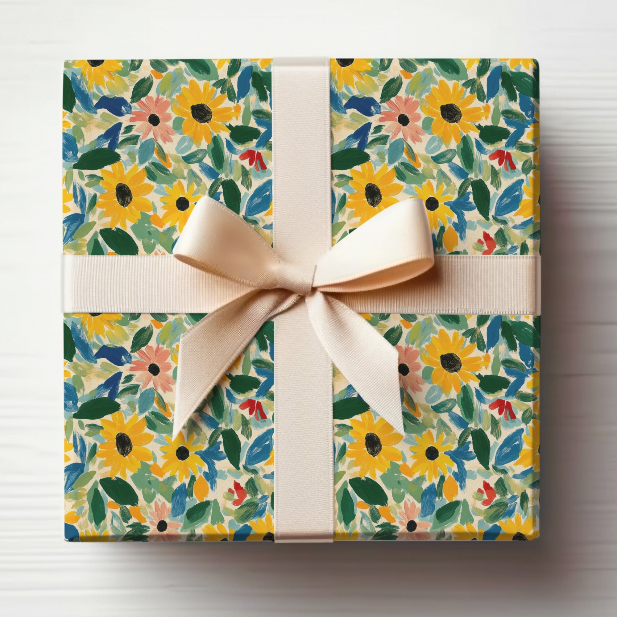 Yellow Gouache Sunflowers and Green Leaves Seamless Pattern