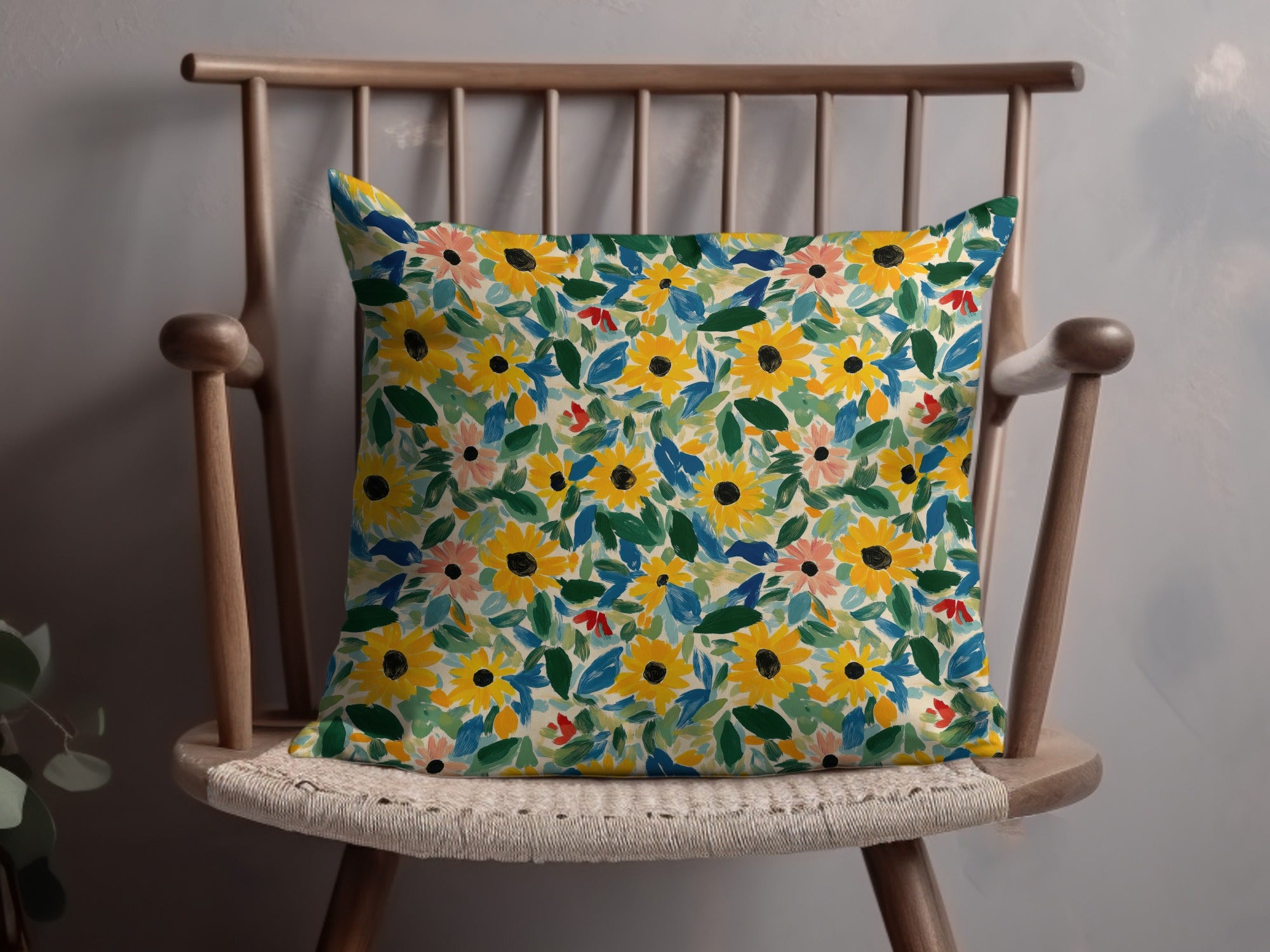 Yellow Gouache Sunflowers and Green Leaves Seamless Pattern