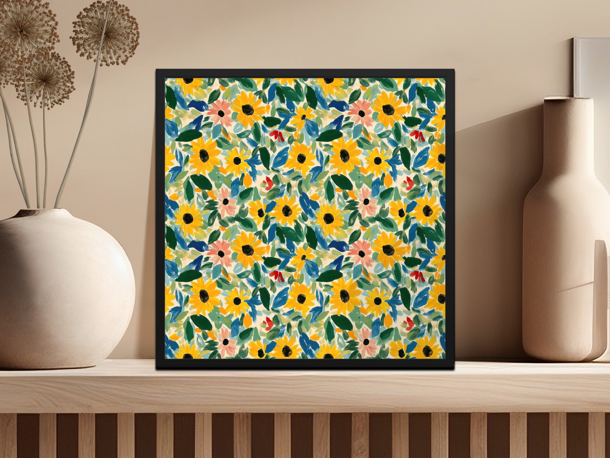 Yellow Gouache Sunflowers and Green Leaves Seamless Pattern