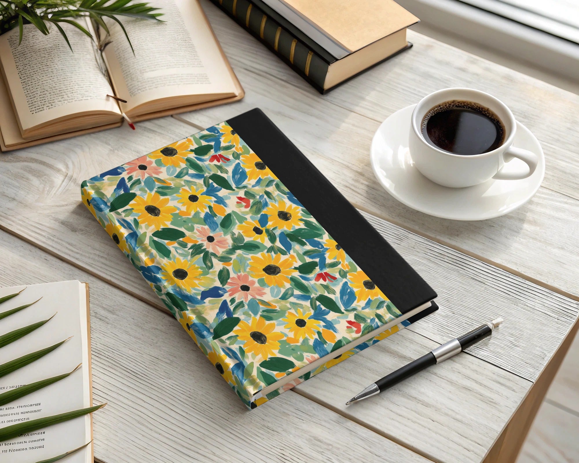 Yellow Gouache Sunflowers and Green Leaves Seamless Pattern