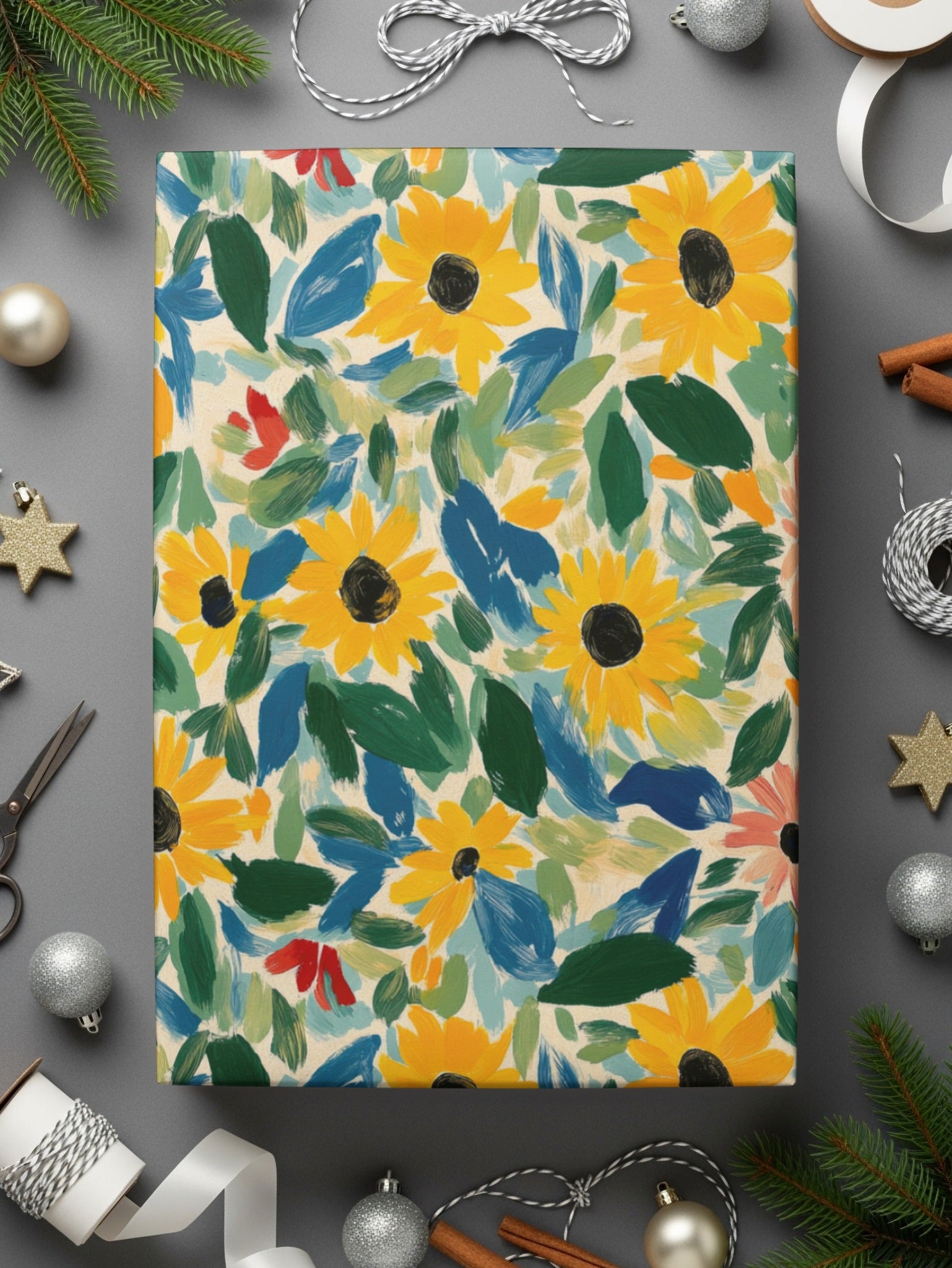 Yellow Gouache Sunflowers and Green Leaves Seamless Pattern