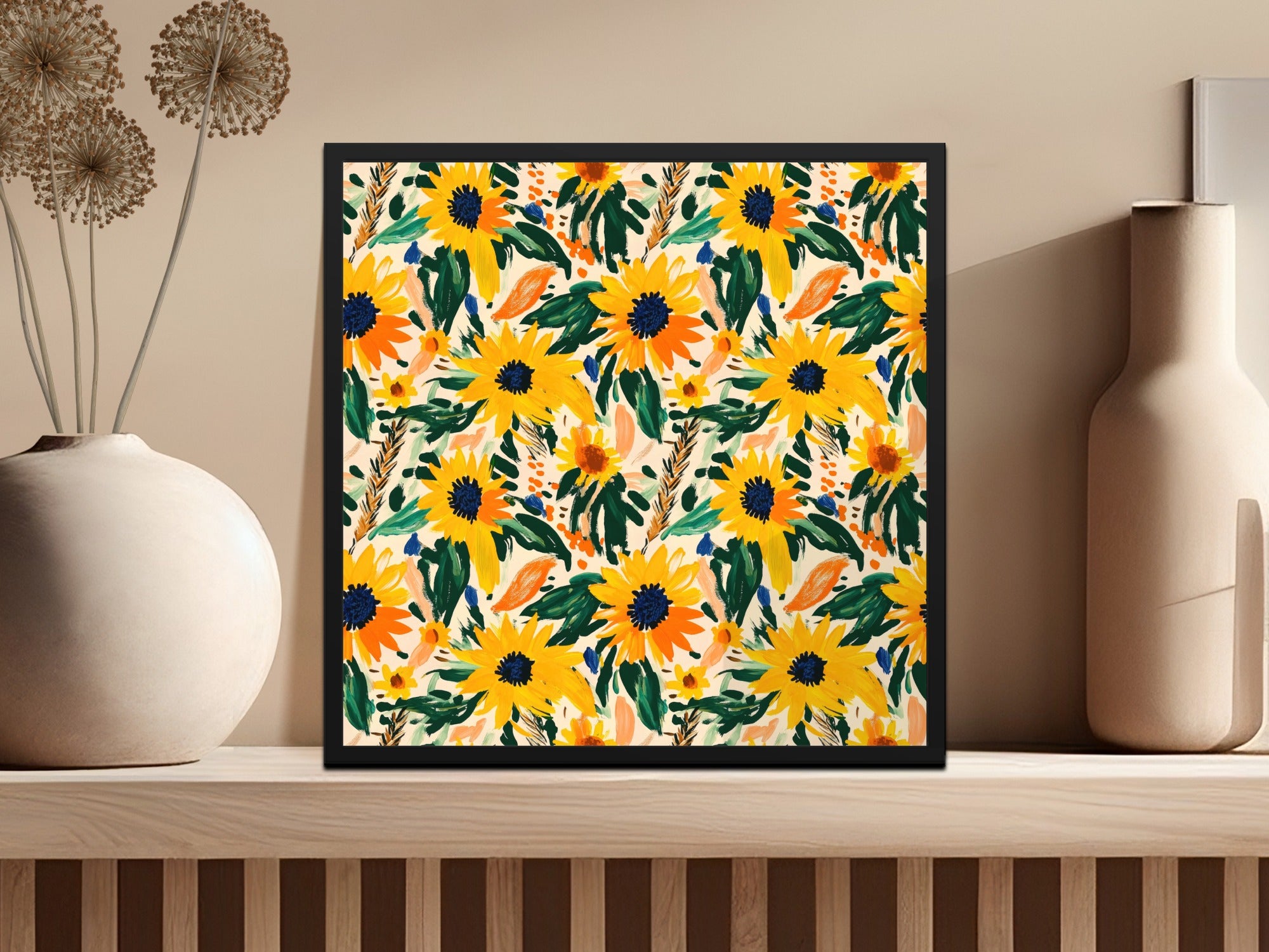 Yellow Gouache Sunflowers Seamless Fall Floral Pattern Digital