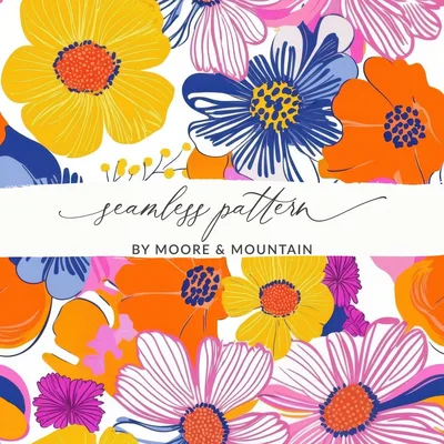 Yellow Preppy Groovy Floral Background, 60s floral pattern Digital Paper, Retro Flower Illustration, Colorful Seamless Pattern Download